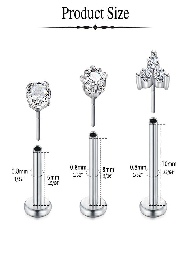 DJCIW 7PCS 20G Threadless Nose Studs and Flatback Cartilage Earrings Set-Hypoallergenic 316L Steel Push-In White CZ Studs with Insertion Taper for Labret Tragus Helix Conch Piercings 6/8/10mm - Image 2